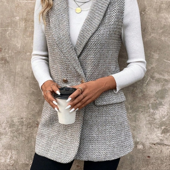 Coffee Brown Preppy Womens Herringbone Print Double Button Tweed Vest Blazer - Picture 2 of 5